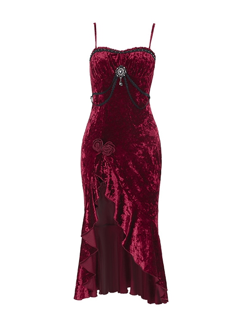 Sexy Burgundy Velvet Asymmetrical Ruffled Hem With Exquisite Gemstone Decoration Gothic Style Sleeveless Suspender Dress