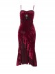 Sexy Burgundy Velvet Asymmetrical Ruffled Hem With Exquisite Gemstone Decoration Gothic Style Sleeveless Suspender Dress