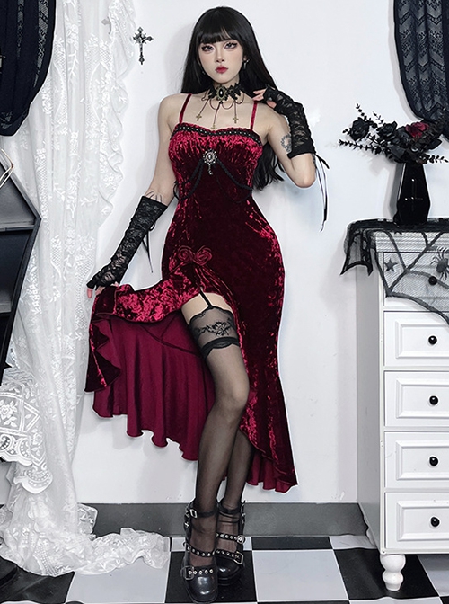 Sexy Burgundy Velvet Asymmetrical Ruffled Hem With Exquisite Gemstone Decoration Gothic Style Sleeveless Suspender Dress