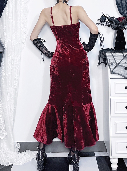 Sexy Burgundy Velvet Asymmetrical Ruffled Hem With Exquisite Gemstone Decoration Gothic Style Sleeveless Suspender Dress