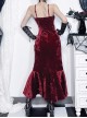 Sexy Burgundy Velvet Asymmetrical Ruffled Hem With Exquisite Gemstone Decoration Gothic Style Sleeveless Suspender Dress