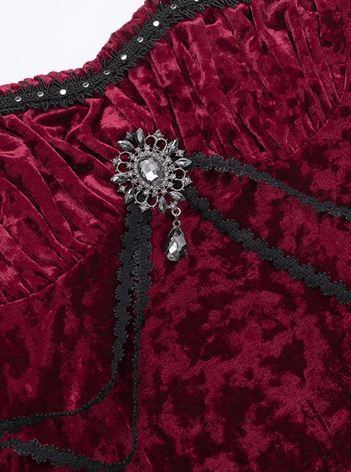 Sexy Burgundy Velvet Asymmetrical Ruffled Hem With Exquisite Gemstone Decoration Gothic Style Sleeveless Suspender Dress