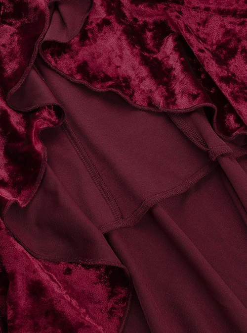 Sexy Burgundy Velvet Asymmetrical Ruffled Hem With Exquisite Gemstone Decoration Gothic Style Sleeveless Suspender Dress