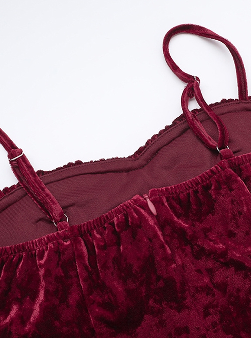 Sexy Burgundy Velvet Asymmetrical Ruffled Hem With Exquisite Gemstone Decoration Gothic Style Sleeveless Suspender Dress