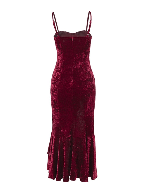 Sexy Burgundy Velvet Asymmetrical Ruffled Hem With Exquisite Gemstone Decoration Gothic Style Sleeveless Suspender Dress