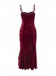 Sexy Burgundy Velvet Asymmetrical Ruffled Hem With Exquisite Gemstone Decoration Gothic Style Sleeveless Suspender Dress