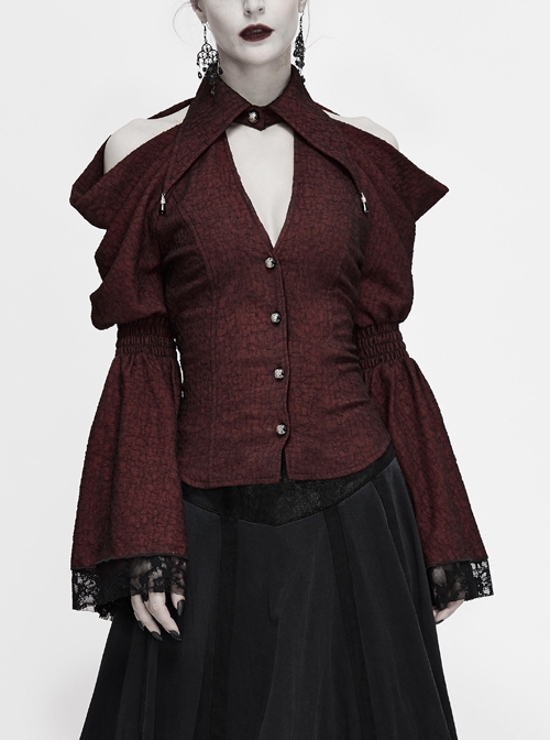 Off-Shoulder V-Neck Top Collar Pendant Big Cuffs Stitching Lace Mesh Red Gothic Blouse