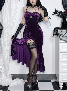 Sexy Purple Velvet Asymmetrical Ruffled Hem With Exquisite Gemstone Decoration Gothic Style Sleeveless Suspender Dress