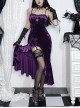 Sexy Purple Velvet Asymmetrical Ruffled Hem With Exquisite Gemstone Decoration Gothic Style Sleeveless Suspender Dress