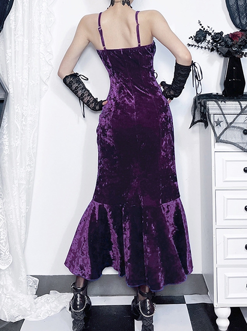 Sexy Purple Velvet Asymmetrical Ruffled Hem With Exquisite Gemstone Decoration Gothic Style Sleeveless Suspender Dress