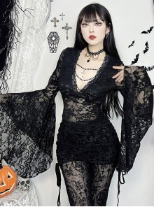 Black Sexy Micro Transparent Lace Low Cut V Neck Beaded Gothic Style Flowing Long Sleeved Top