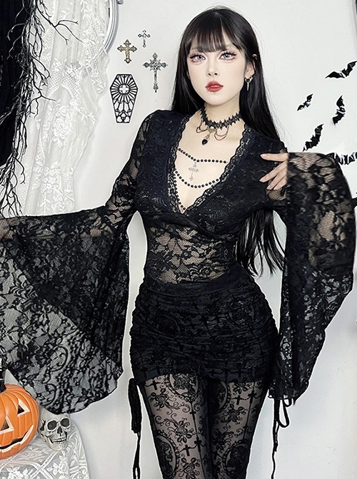 Black Sexy Micro Transparent Lace Low Cut V Neck Beaded Gothic Style Flowing Long Sleeved Top