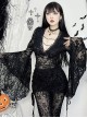 Black Sexy Micro Transparent Lace Low Cut V Neck Beaded Gothic Style Flowing Long Sleeved Top