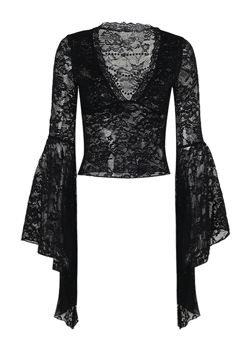 Black Sexy Micro Transparent Lace Low Cut V Neck Beaded Gothic Style Flowing Long Sleeved Top