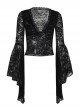 Black Sexy Micro Transparent Lace Low Cut V Neck Beaded Gothic Style Flowing Long Sleeved Top