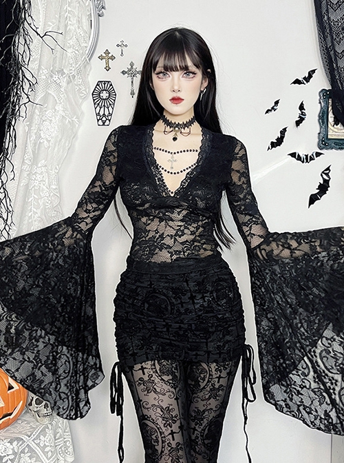 Black Sexy Micro Transparent Lace Low Cut V Neck Beaded Gothic Style Flowing Long Sleeved Top
