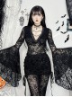 Black Sexy Micro Transparent Lace Low Cut V Neck Beaded Gothic Style Flowing Long Sleeved Top