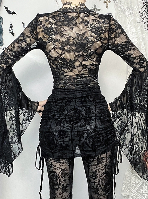 Black Sexy Micro Transparent Lace Low Cut V Neck Beaded Gothic Style Flowing Long Sleeved Top