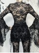 Black Sexy Micro Transparent Lace Low Cut V Neck Beaded Gothic Style Flowing Long Sleeved Top