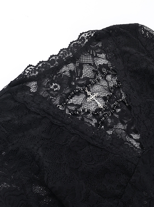 Black Sexy Micro Transparent Lace Low Cut V Neck Beaded Gothic Style Flowing Long Sleeved Top