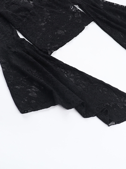 Black Sexy Micro Transparent Lace Low Cut V Neck Beaded Gothic Style Flowing Long Sleeved Top