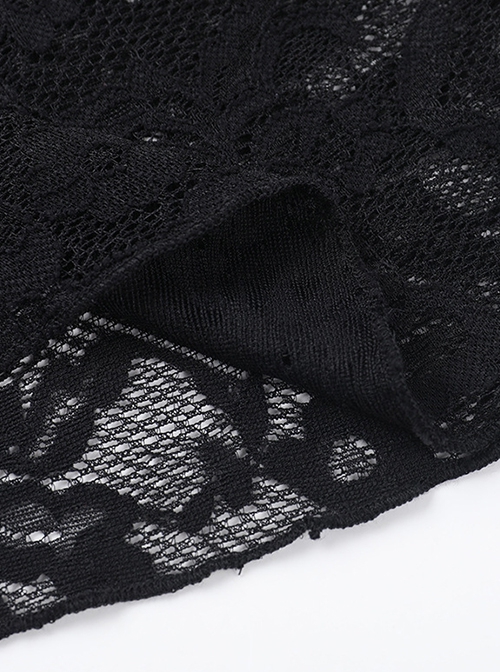 Black Sexy Micro Transparent Lace Low Cut V Neck Beaded Gothic Style Flowing Long Sleeved Top