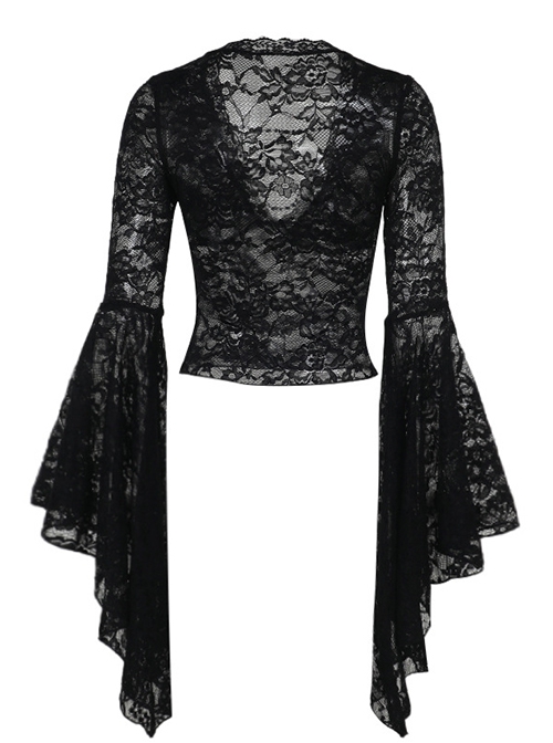 Black Sexy Micro Transparent Lace Low Cut V Neck Beaded Gothic Style Flowing Long Sleeved Top