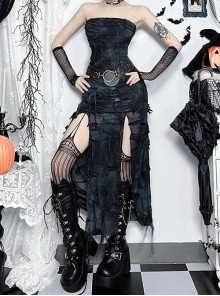 Personalized Black Wasteland Tattered Asymmetrical Slit Punk Style Tube Top Dress