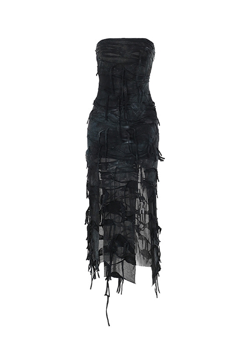 Personalized Black Wasteland Tattered Asymmetrical Slit Punk Style Tube Top Dress