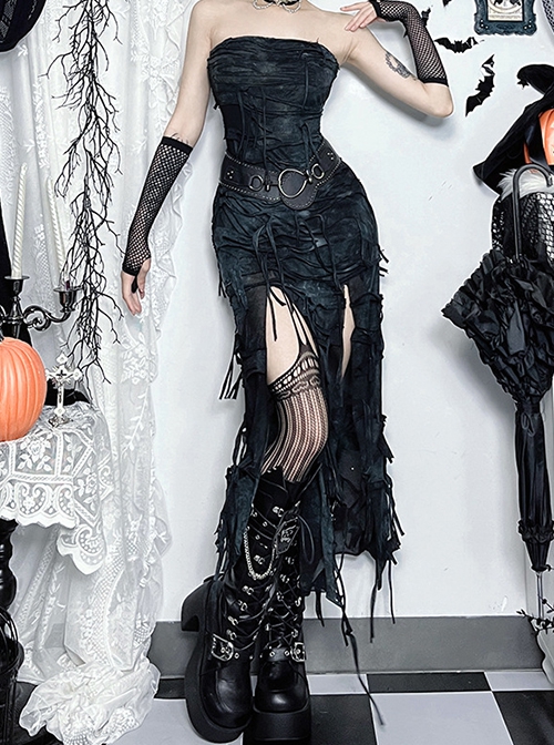 Personalized Black Wasteland Tattered Asymmetrical Slit Punk Style Tube Top Dress