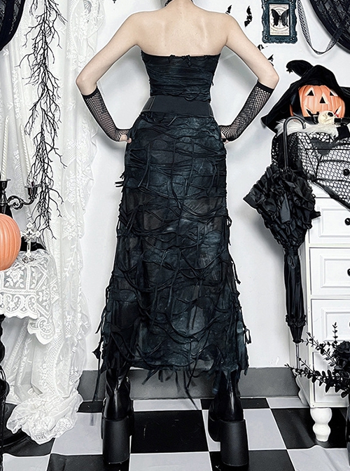 Personalized Black Wasteland Tattered Asymmetrical Slit Punk Style Tube Top Dress