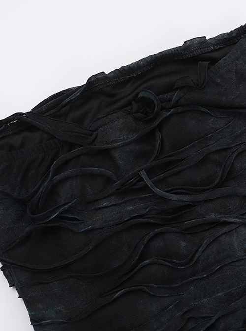 Personalized Black Wasteland Tattered Asymmetrical Slit Punk Style Tube Top Dress
