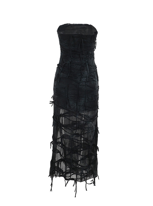 Personalized Black Wasteland Tattered Asymmetrical Slit Punk Style Tube Top Dress