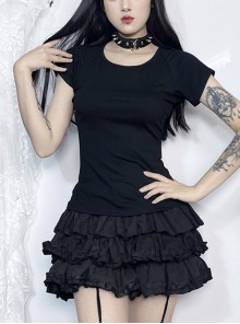 Black Woven Splicing Open Back Flocking Printed Pattern Fabric Punk Style Versatile Short Sleeved T-Shirt