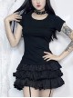 Black Woven Splicing Open Back Flocking Printed Pattern Fabric Punk Style Versatile Short Sleeved T-Shirt