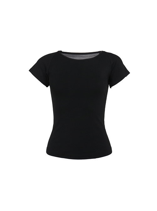 Black Woven Splicing Open Back Flocking Printed Pattern Fabric Punk Style Versatile Short Sleeved T-Shirt