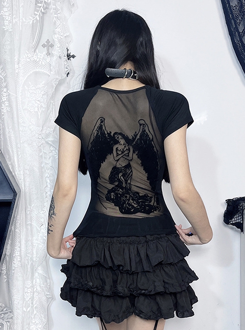 Black Woven Splicing Open Back Flocking Printed Pattern Fabric Punk Style Versatile Short Sleeved T-Shirt