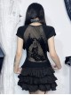 Black Woven Splicing Open Back Flocking Printed Pattern Fabric Punk Style Versatile Short Sleeved T-Shirt