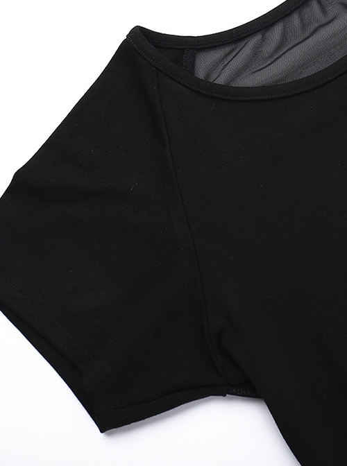 Black Woven Splicing Open Back Flocking Printed Pattern Fabric Punk Style Versatile Short Sleeved T-Shirt