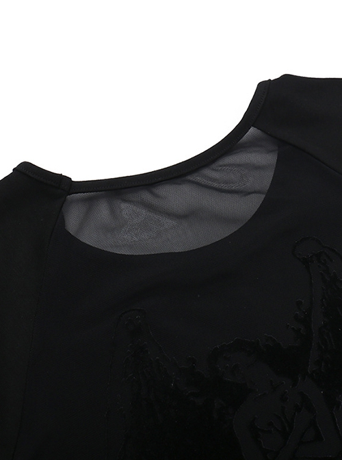 Black Woven Splicing Open Back Flocking Printed Pattern Fabric Punk Style Versatile Short Sleeved T-Shirt