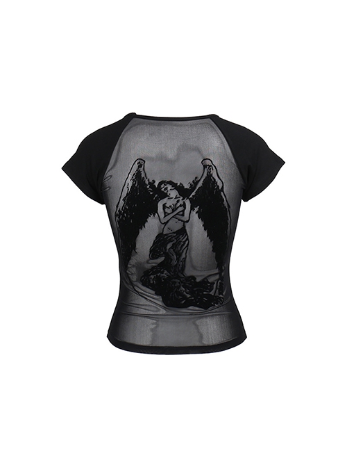 Black Woven Splicing Open Back Flocking Printed Pattern Fabric Punk Style Versatile Short Sleeved T-Shirt