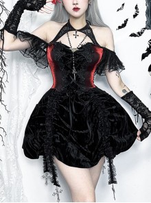 Gorgeous Black And Red Velvet Fabric With Lace Cross-Strap Decoration In The Front And Cross Pendant Gothic Style Sleeveless Halter Dress
