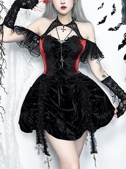 Gorgeous Black And Red Velvet Fabric With Lace Cross-Strap Decoration In The Front And Cross Pendant Gothic Style Sleeveless Halter Dress