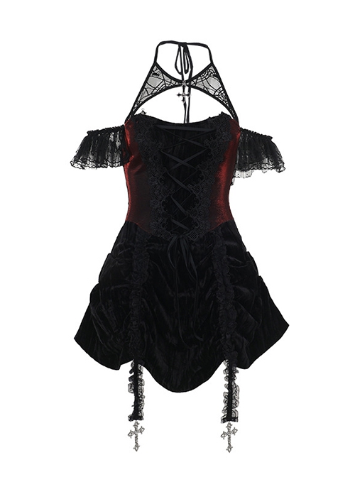 Gorgeous Black And Red Velvet Fabric With Lace Cross-Strap Decoration In The Front And Cross Pendant Gothic Style Sleeveless Halter Dress
