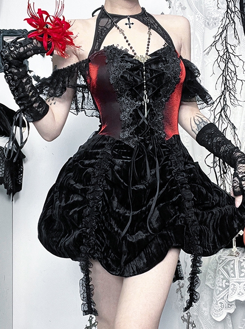 Gorgeous Black And Red Velvet Fabric With Lace Cross-Strap Decoration In The Front And Cross Pendant Gothic Style Sleeveless Halter Dress