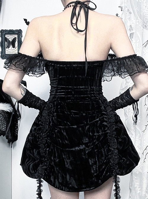 Gorgeous Black And Red Velvet Fabric With Lace Cross-Strap Decoration In The Front And Cross Pendant Gothic Style Sleeveless Halter Dress