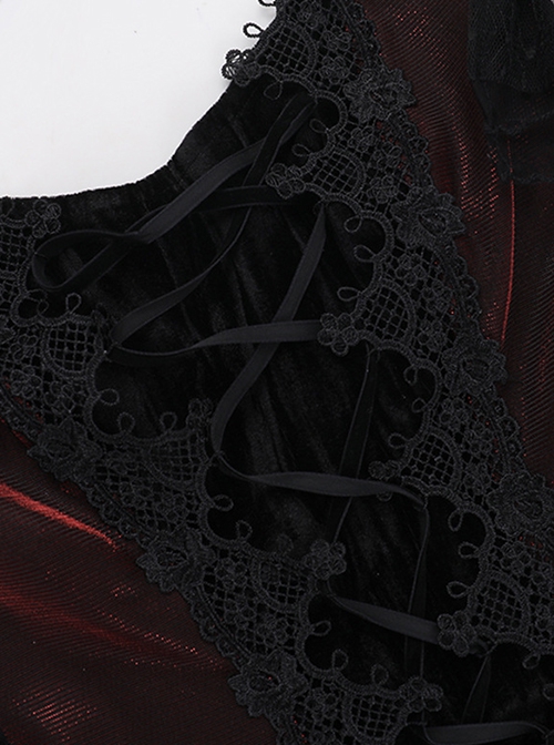 Gorgeous Black And Red Velvet Fabric With Lace Cross-Strap Decoration In The Front And Cross Pendant Gothic Style Sleeveless Halter Dress