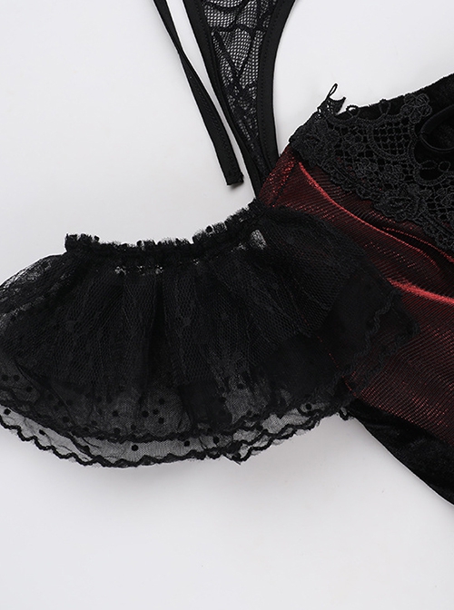 Gorgeous Black And Red Velvet Fabric With Lace Cross-Strap Decoration In The Front And Cross Pendant Gothic Style Sleeveless Halter Dress