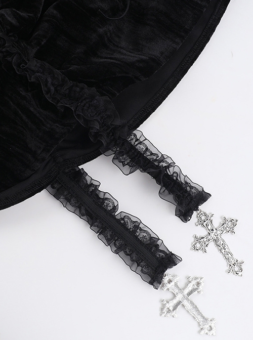Gorgeous Black And Red Velvet Fabric With Lace Cross-Strap Decoration In The Front And Cross Pendant Gothic Style Sleeveless Halter Dress