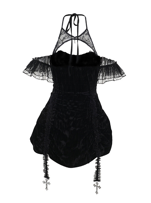 Gorgeous Black And Red Velvet Fabric With Lace Cross-Strap Decoration In The Front And Cross Pendant Gothic Style Sleeveless Halter Dress